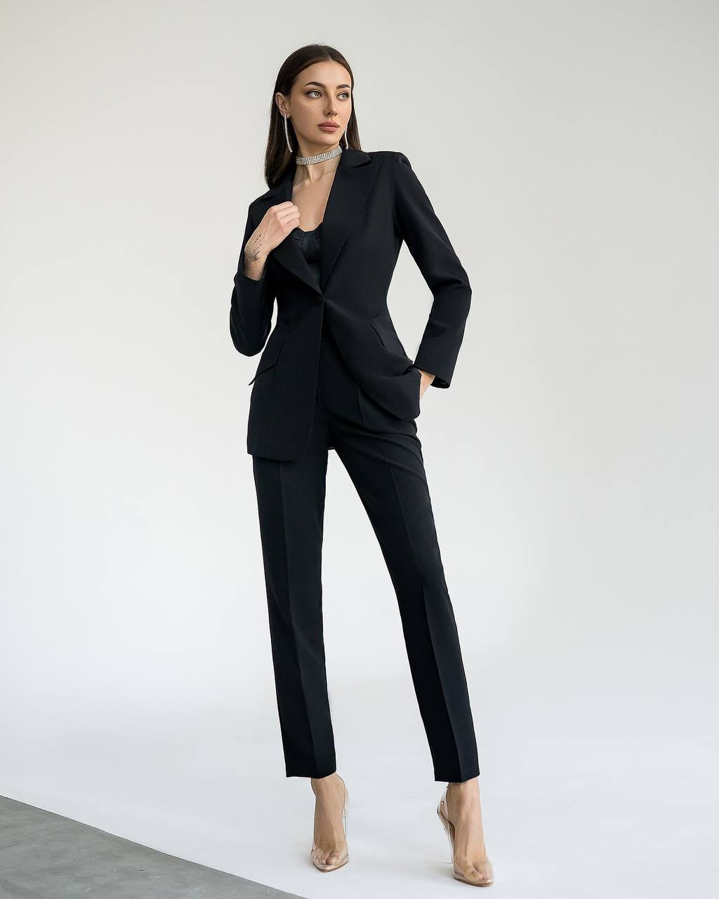 Women's Elegant Black Suit With Crepe Diagonal Fabric