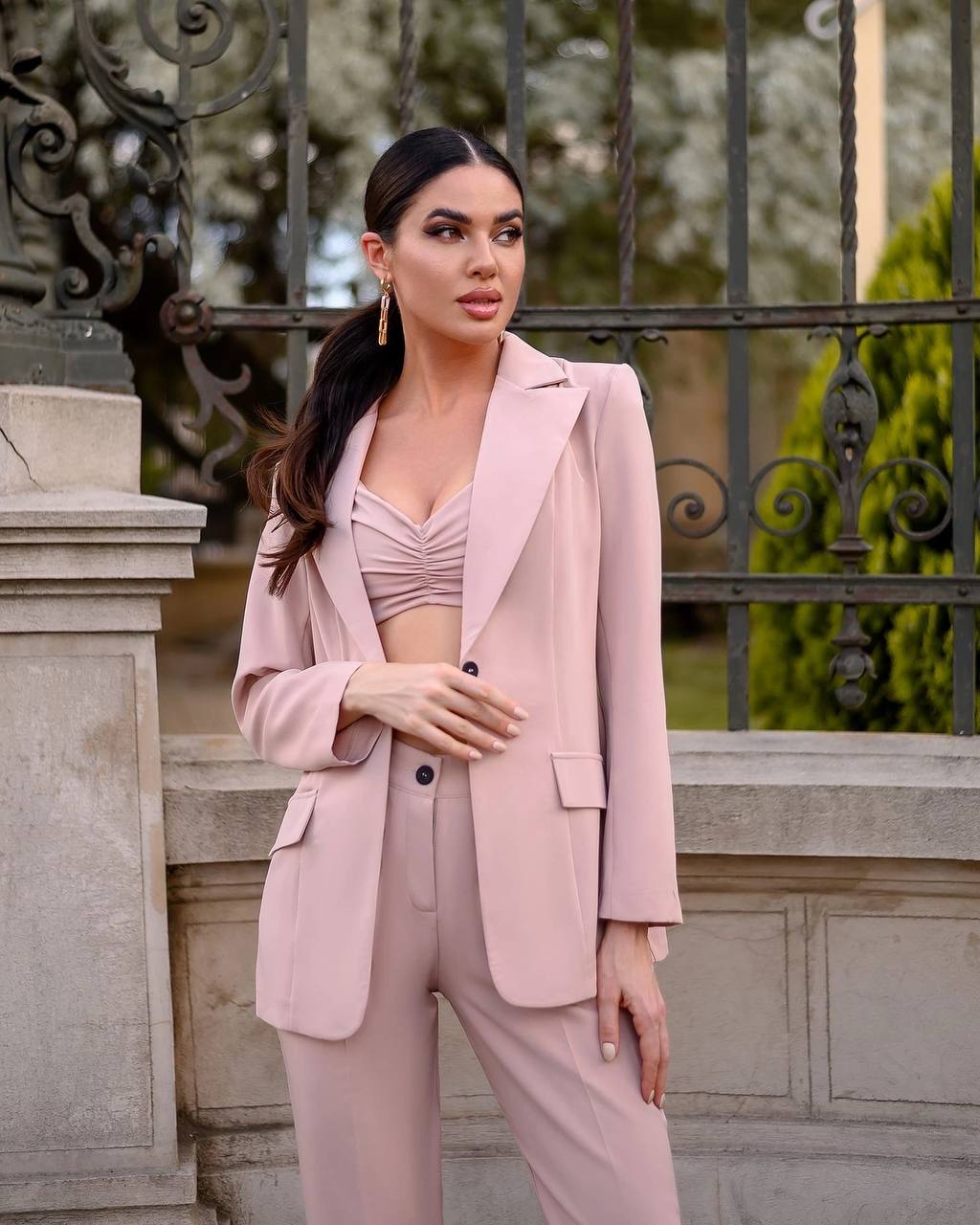 3 Pieces Women Prom Bridal Wedding Cocktail Suit Set Pantsuit Trousers Jacket Pants Top Bra Beige