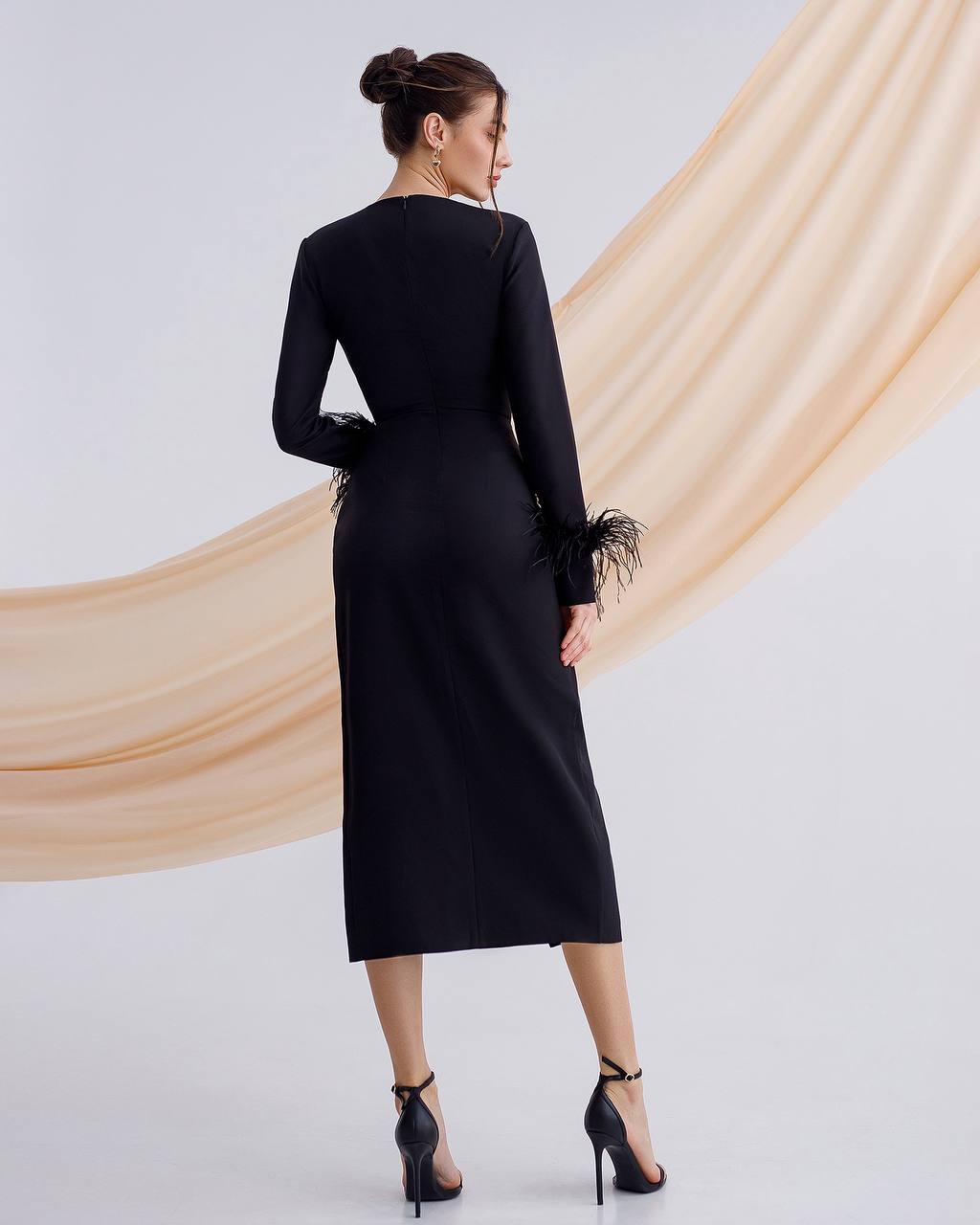 Women Midi Dress Premium Crepe-Diagonal Feather Accents in Black Red Milk-White Blue