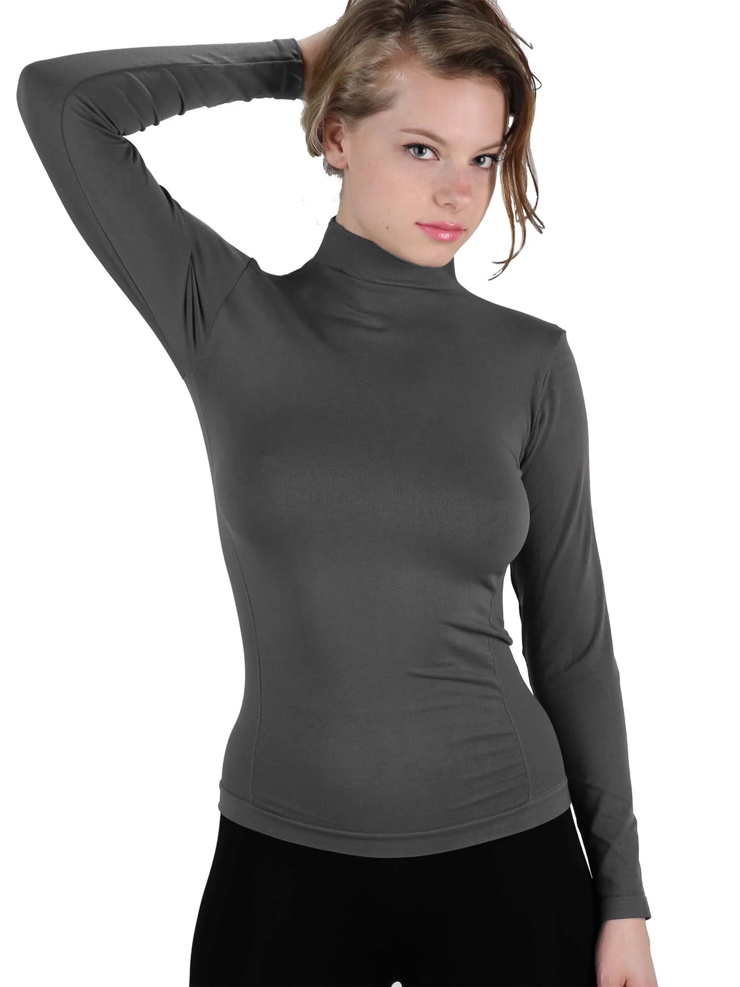 Womens Grey Long Sleeve Turtleneck Top Slim Fit