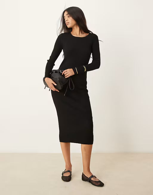 Black Long Sleeve Ribbed Knit Dress