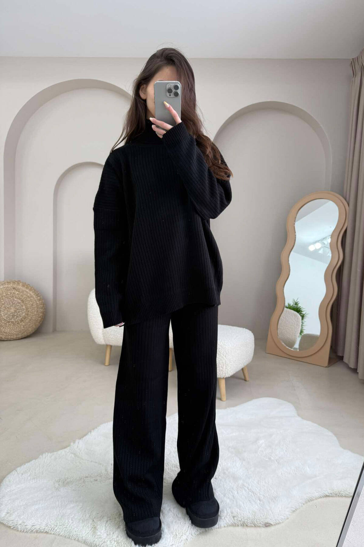 Womens Black Turkish Knit Walking Suit Comfortable Casual Set