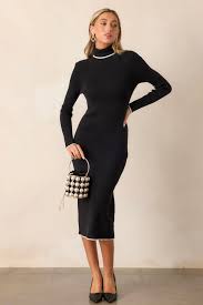 Black Ribbed Long Sleeve Turtleneck Knit Dress