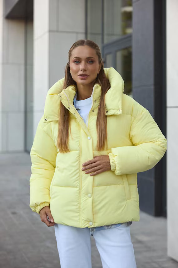 Light Yellow Puffer Jacket for Women with Hood