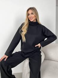 Cozy Black Angora Knit Turtleneck Sweater and Pants Set