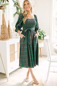 Womens Plaid Cashmere Midi Dress with Belt