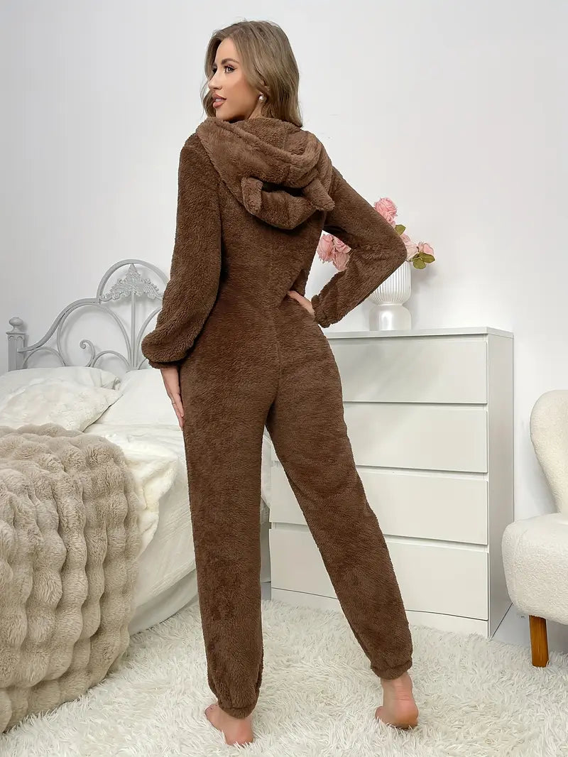 Brown Womens Fleece Lined Jumpsuit with Hood and Pockets