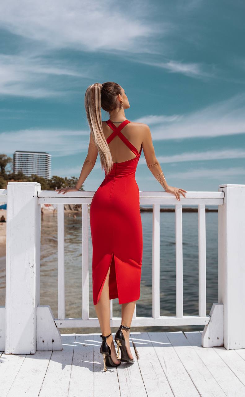 Woman in a red dress standing on a dock with a scenic background