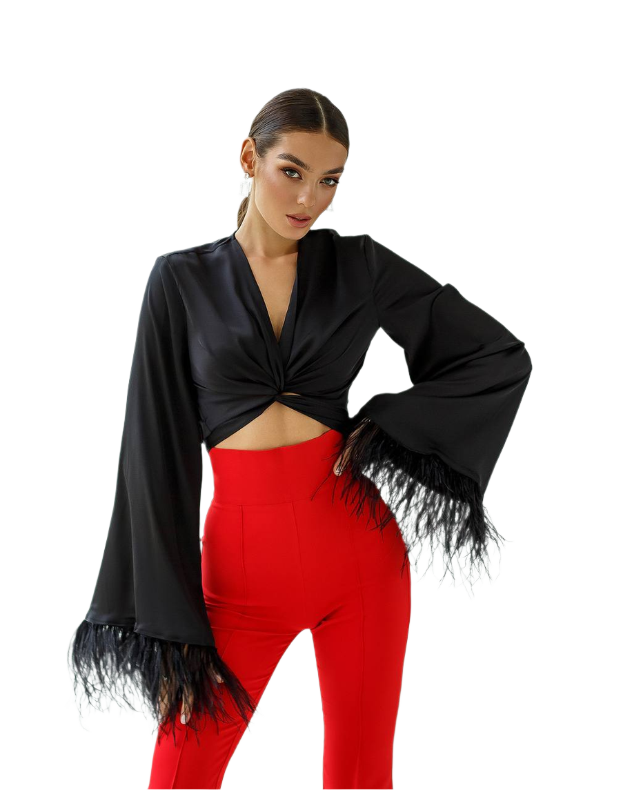 Womens Feather Trim Silk Blouse Top Long Sleeves Cropped Style