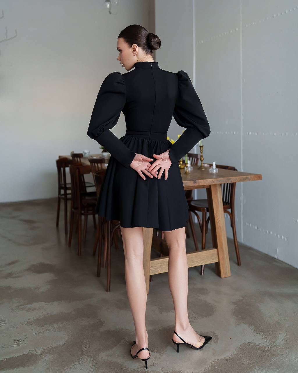 Elegant Black Mini Dress with Full Skirt and Puff Sleeves