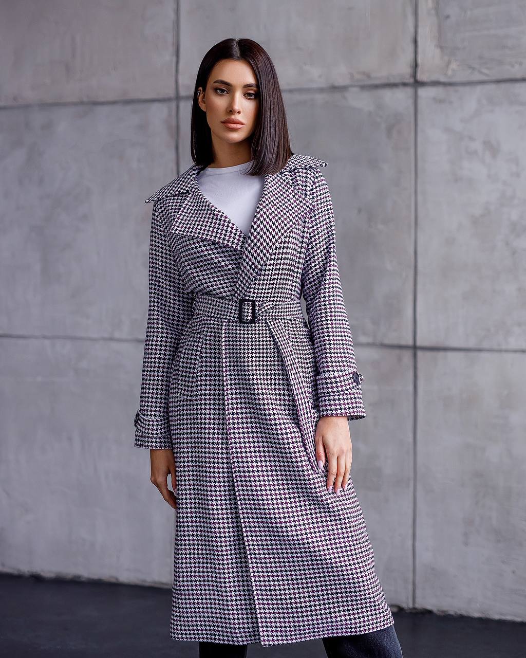 Womens Turkish Fabric Houndstooth Pattern Coat Long Trench Style Belted