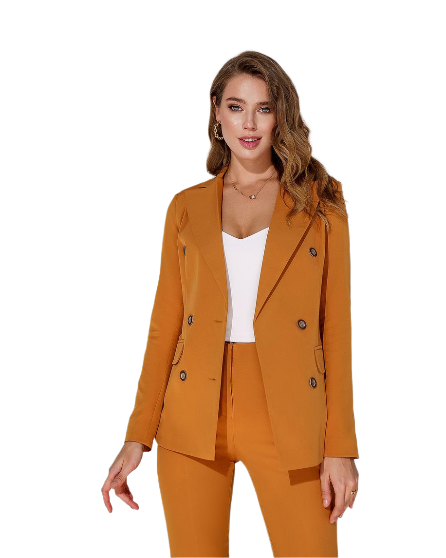 Woman wearing a mustard yellow suit on a white background