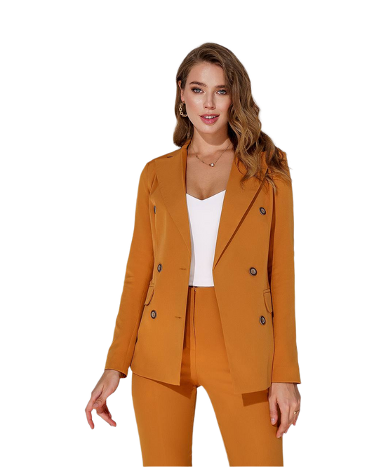 Woman wearing a mustard yellow suit on a white background