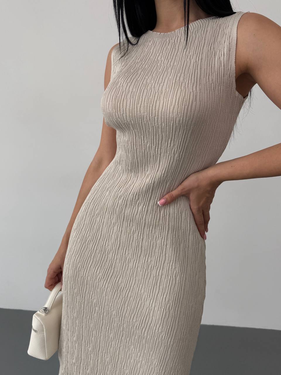 Sleeveless Beige Textured Midi Dress with Side Slit for Women