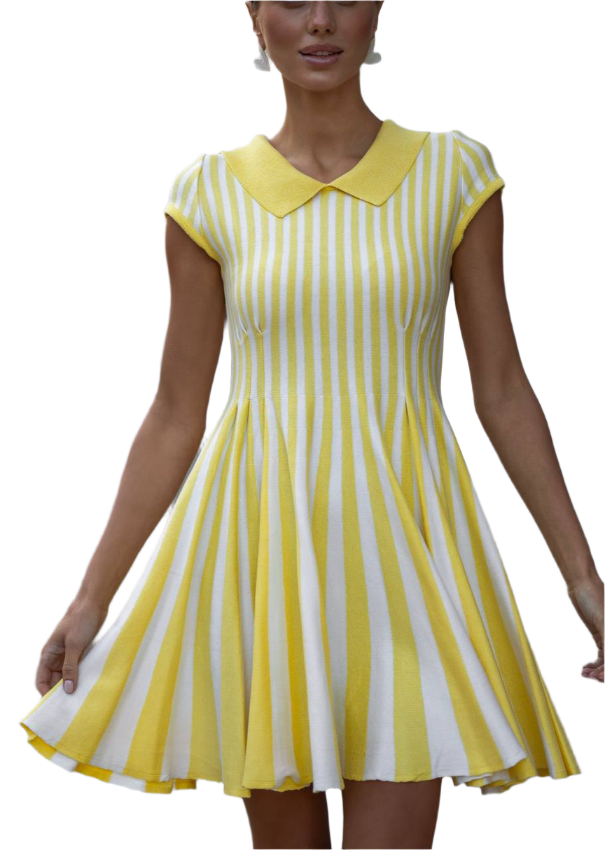 Woman wearing a yellow and white striped dress on a white background