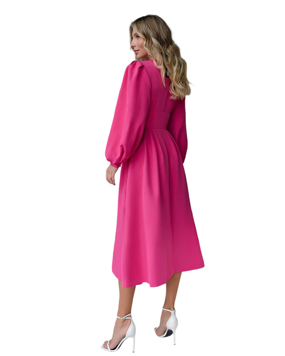Woman wearing a bright pink dress on a white background