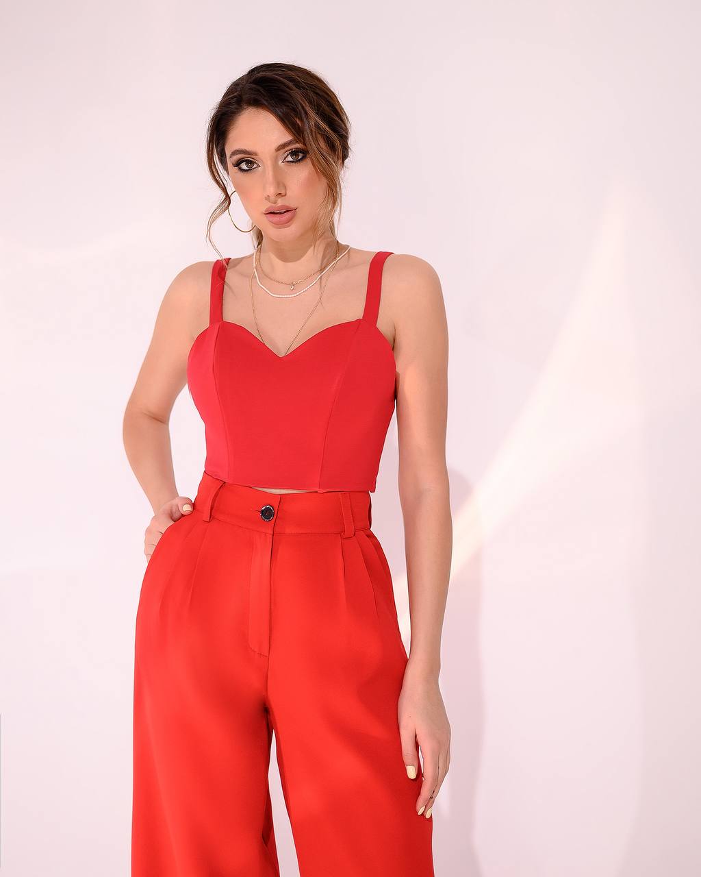 Women's High Waist Wide Leg Trousers in Suiting Crepe Diagonal Fabric