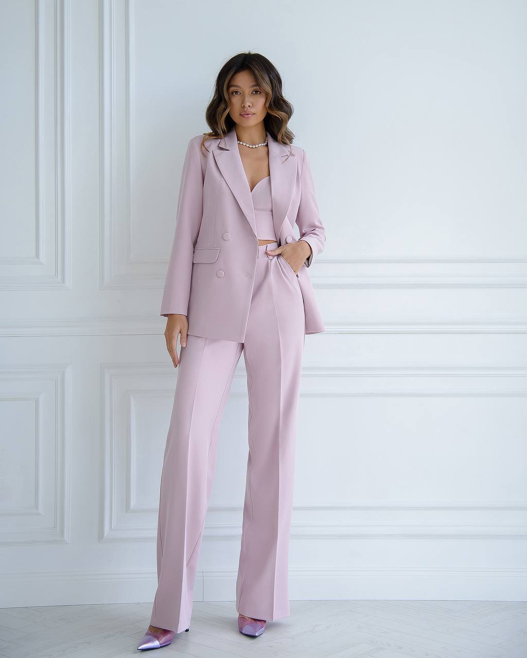Pink Prom Bridal Wedding Cocktail Graduation Three Piece Womens Suit Jacket Top Trousers Elegant Business Outfit Pantsuit Palazzo Pants