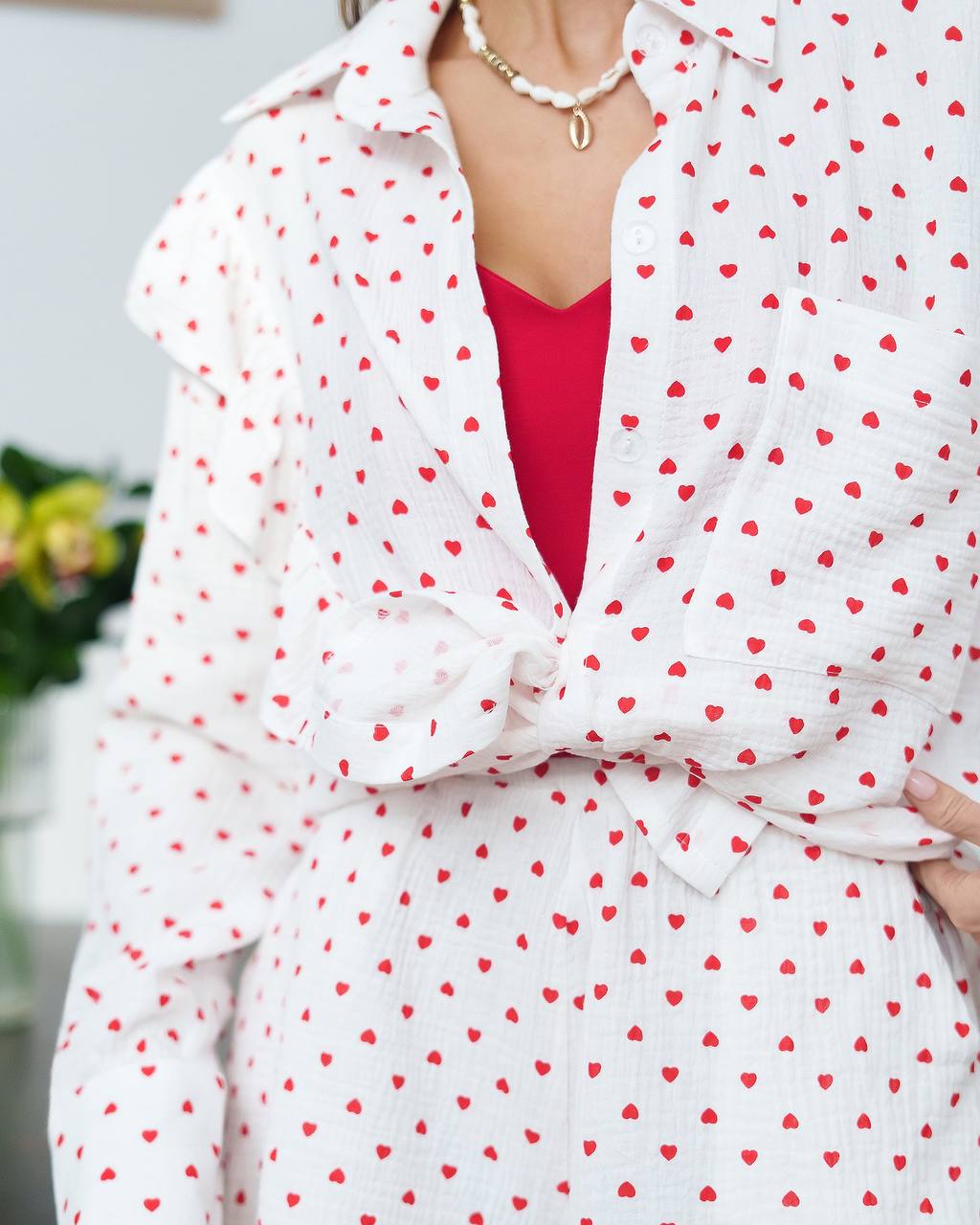 Womens Muslin Shirt And Shorts Set with Heart Print
