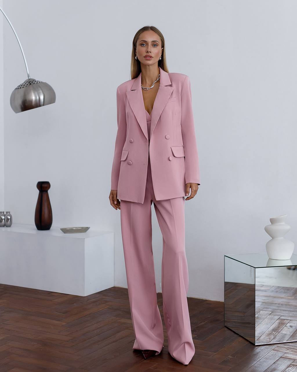Pink Prom Bridal Wedding Cocktail Graduation Three Piece Womens Suit Jacket Top Trousers Elegant Business Outfit Pantsuit Palazzo Pants