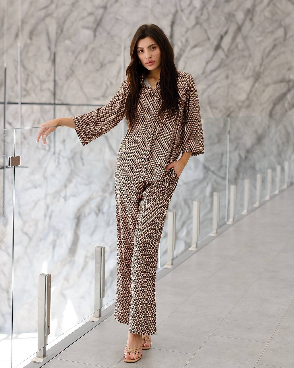 Womens Premium Printed Silk Suit Cropped Shirt and Trousers