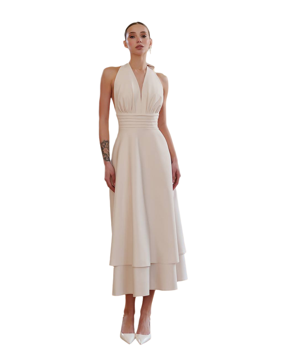 Elegant Premium Diagonal Suiting Crepe Dress in Creamy White