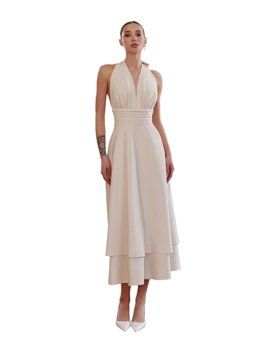 Elegant Premium Diagonal Suiting Crepe Dress in Creamy White