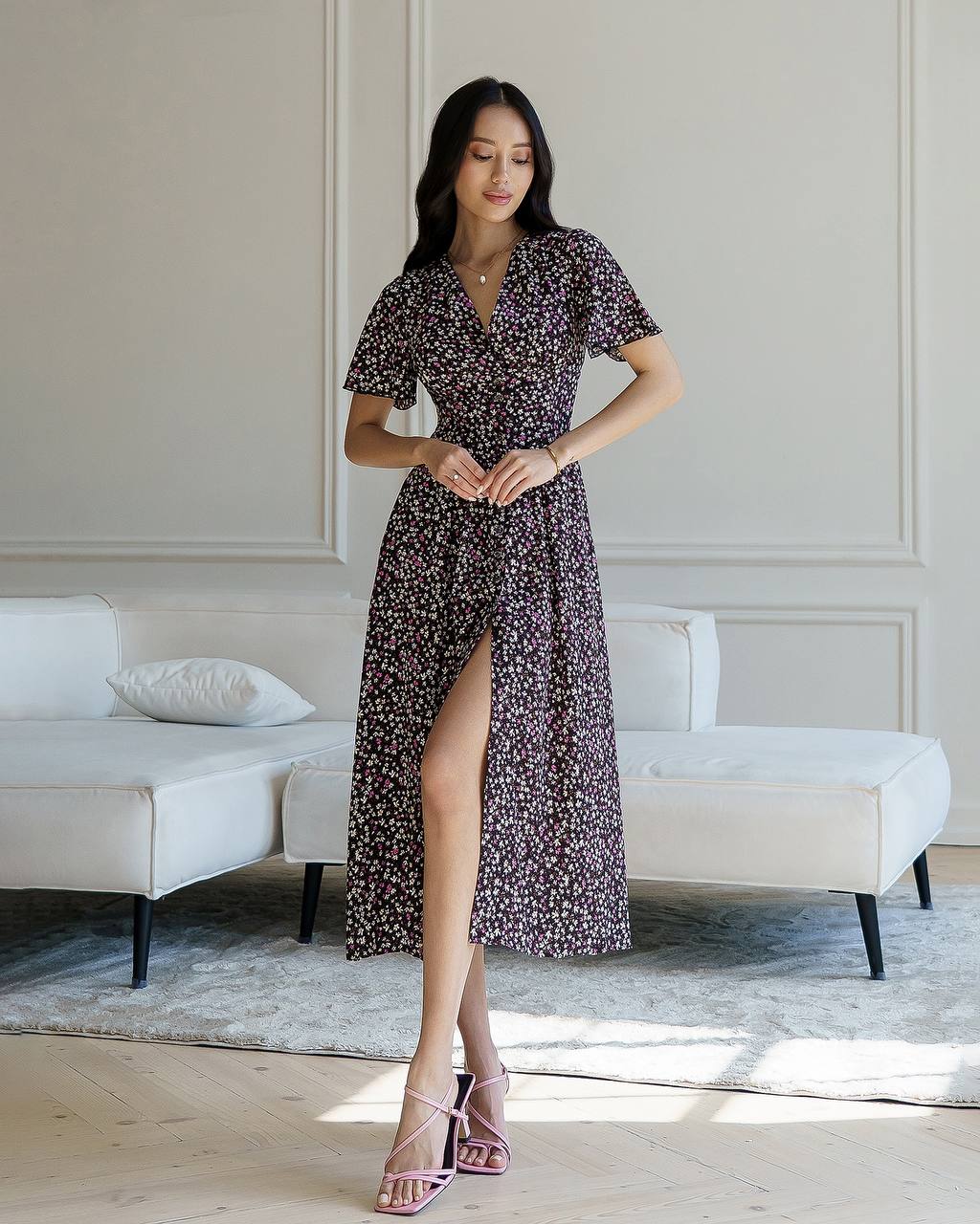 Floral Printed Staple Fabric Midi Dress for Women