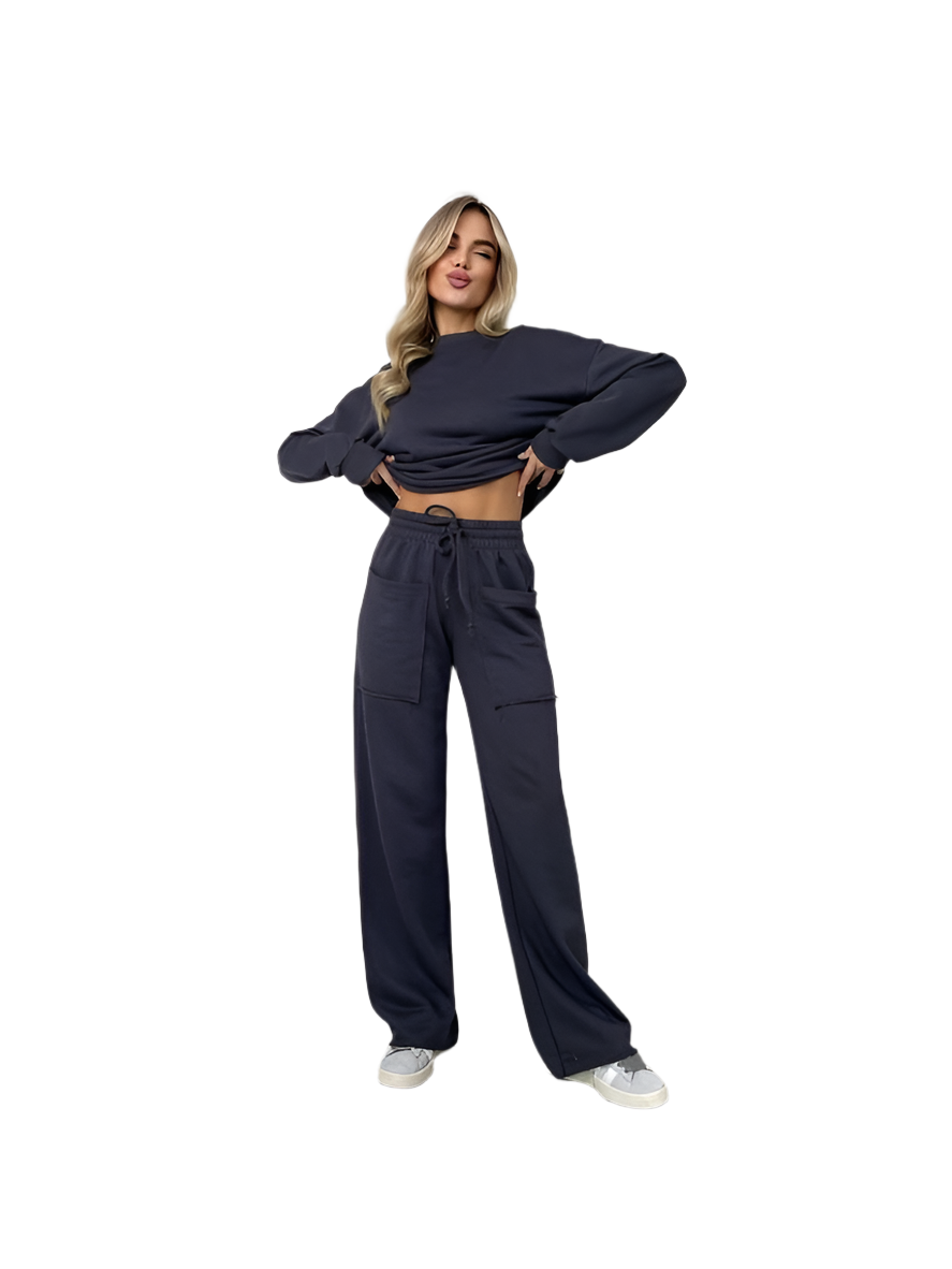 Casual Dark Blue Loose Fit Sweatshirt and High Waist Pants Set