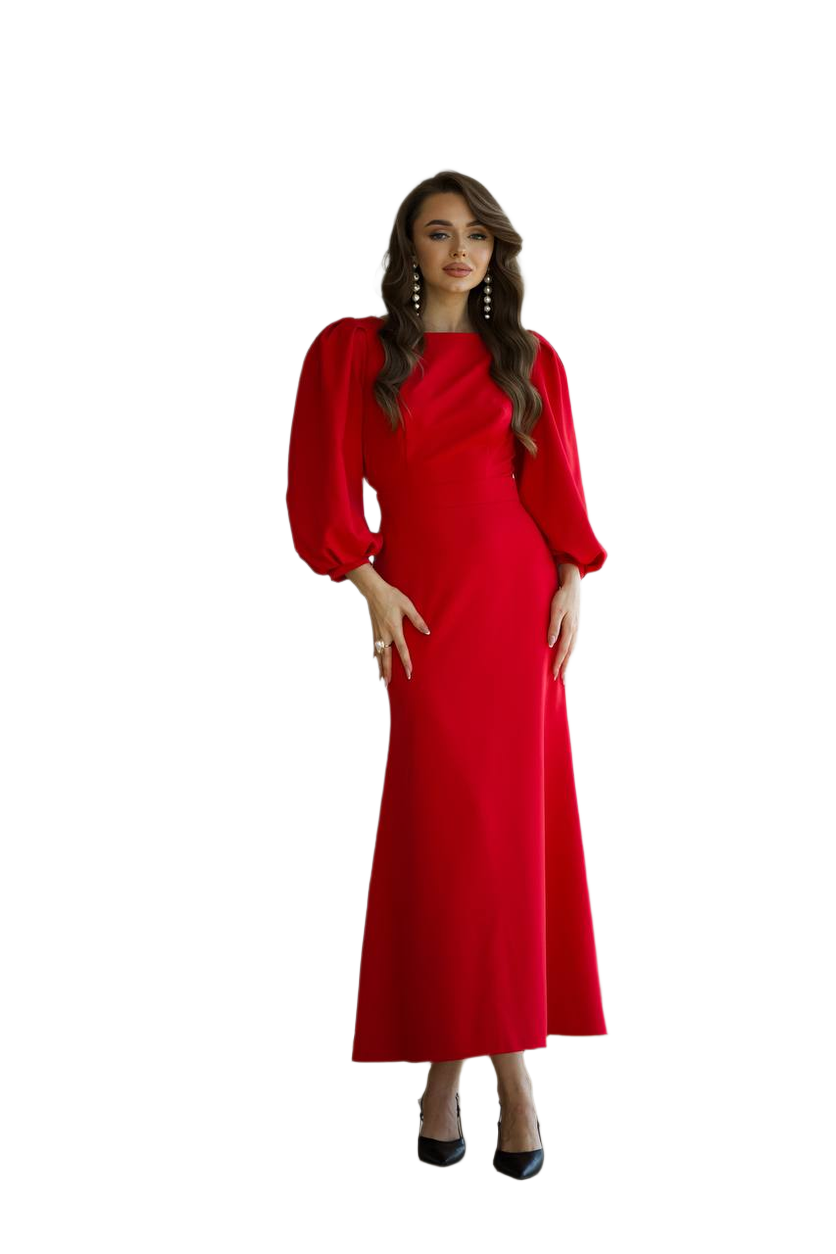 Woman wearing a red dress on a white background
