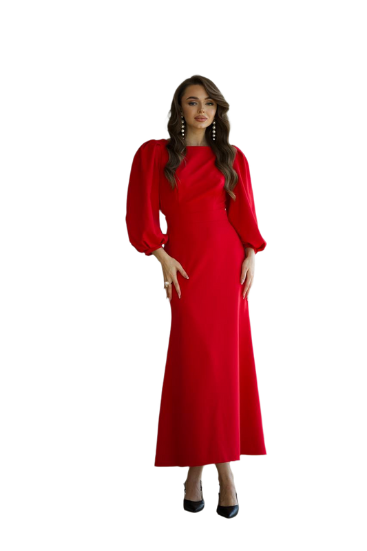 Woman wearing a red dress on a white background