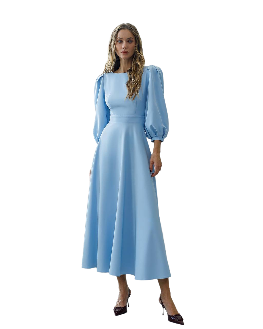 Woman wearing a light blue dress with puffed sleeves on a white background