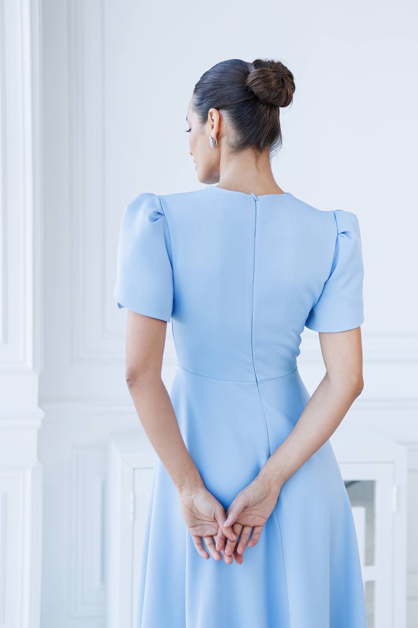 Elegant Diagonal Crepe Long Dress with Puff Sleeves for Women