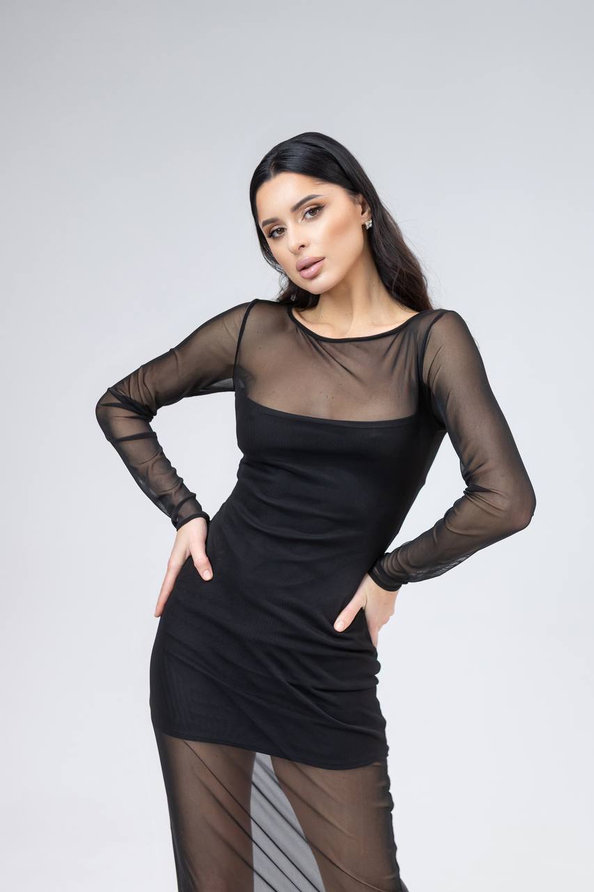 Woman wearing a black dress with sheer sleeves against a white background