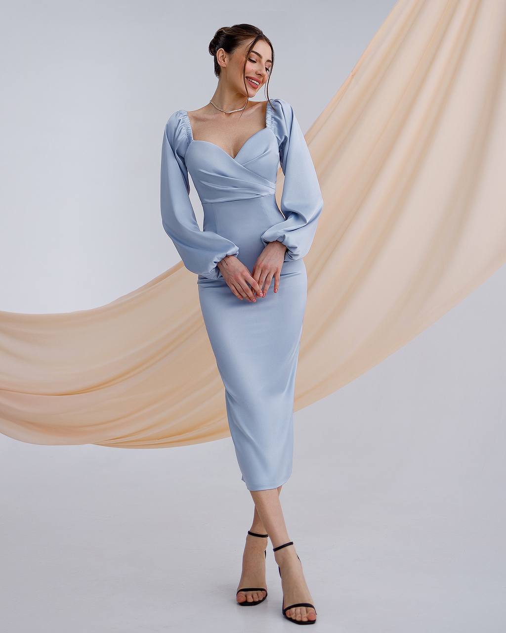 Elegant Midi Dress for Women in Grey-Blue Mango Satin