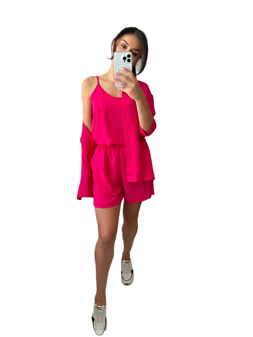 Summer Lightweight Three-Piece Suit with Shirt, Tank Top, and Shorts