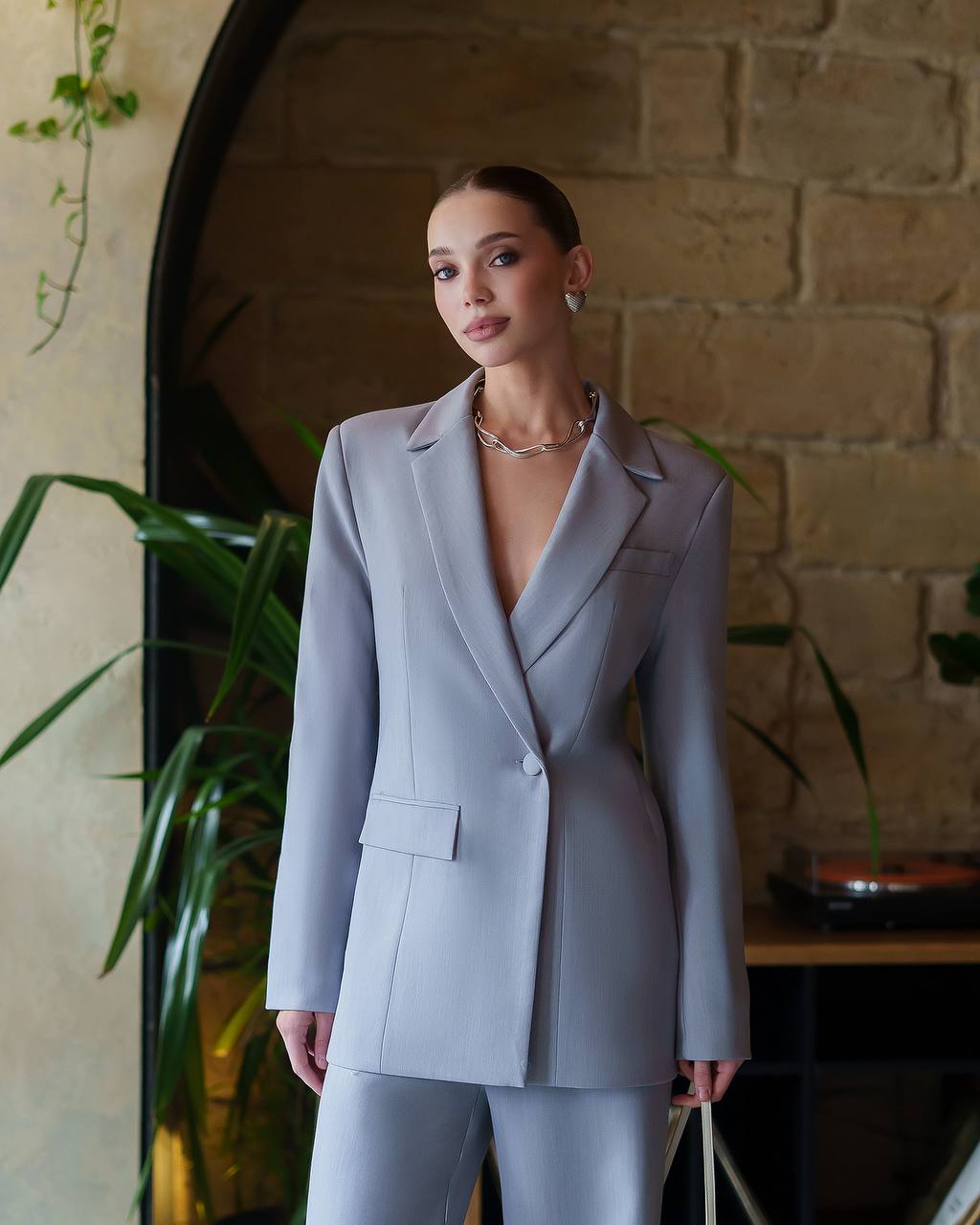 Premium Women Suit Jacket and Pants in Gray Blue