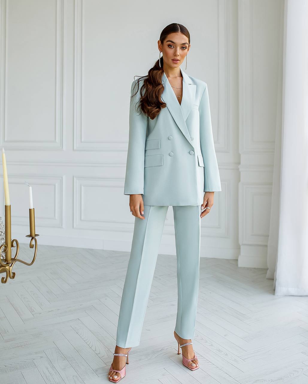 Luxury Diagonal Suiting Crepe Women's Suit in Blue