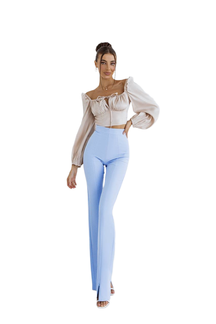 Womens Pants with Slits in Light Blue Diagonal Crepe