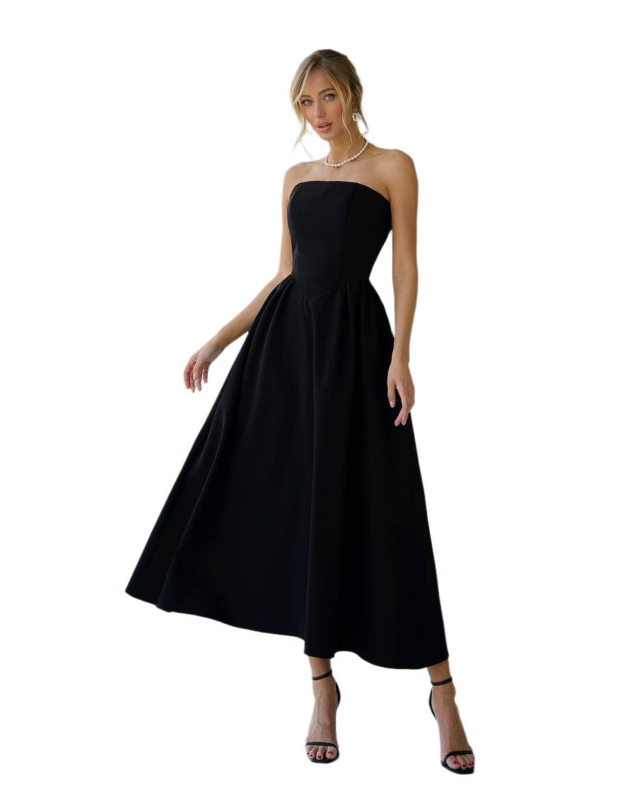 Elegant Black Strapless Midi Dress in Premium Crepe Fabric