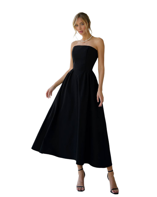Elegant Black Strapless Midi Dress in Premium Crepe Fabric