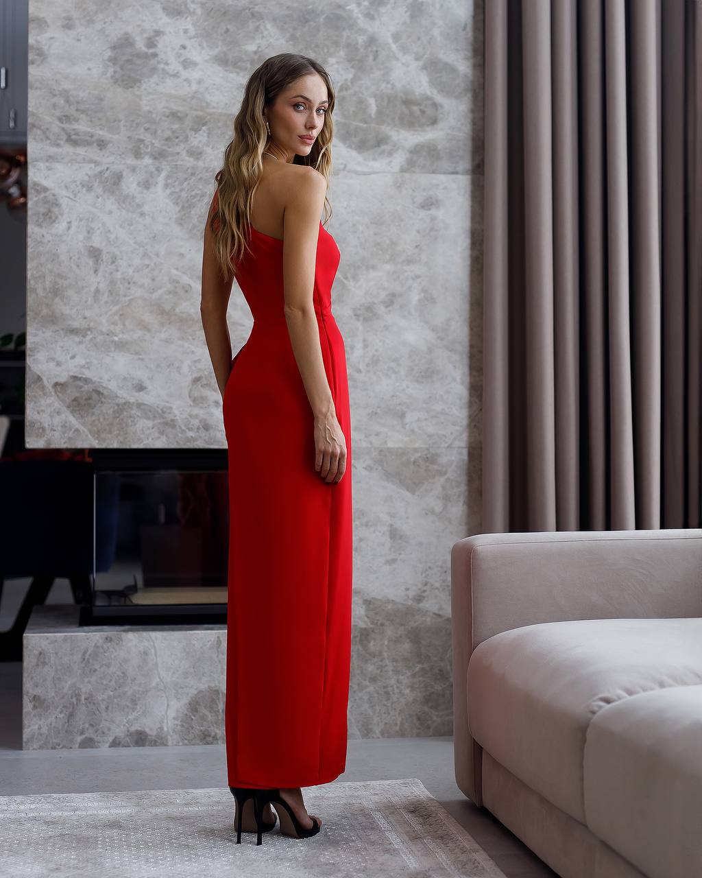 One Shoulder Red Midi Dress with Side Slit