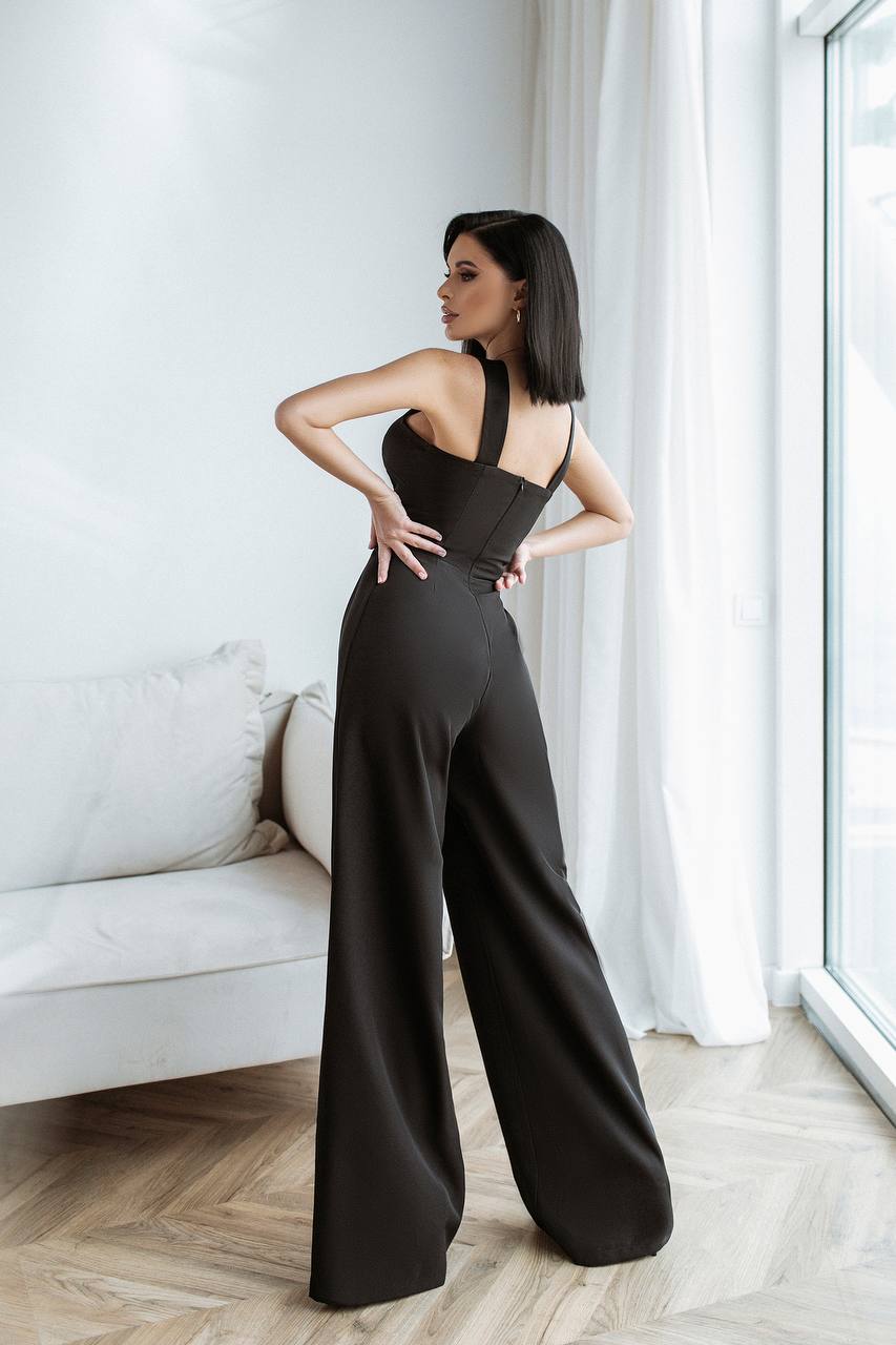 Electra Black Jumpsuit for Women with Satin Details