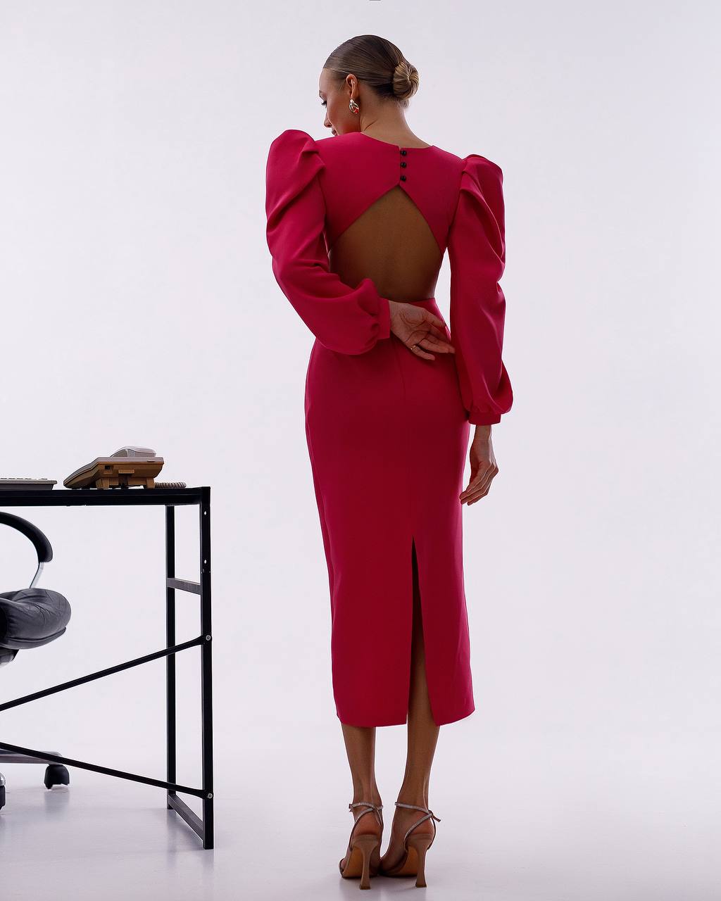 Elegant Midi Dress For Women In Premium Suit Diagonal Fabric