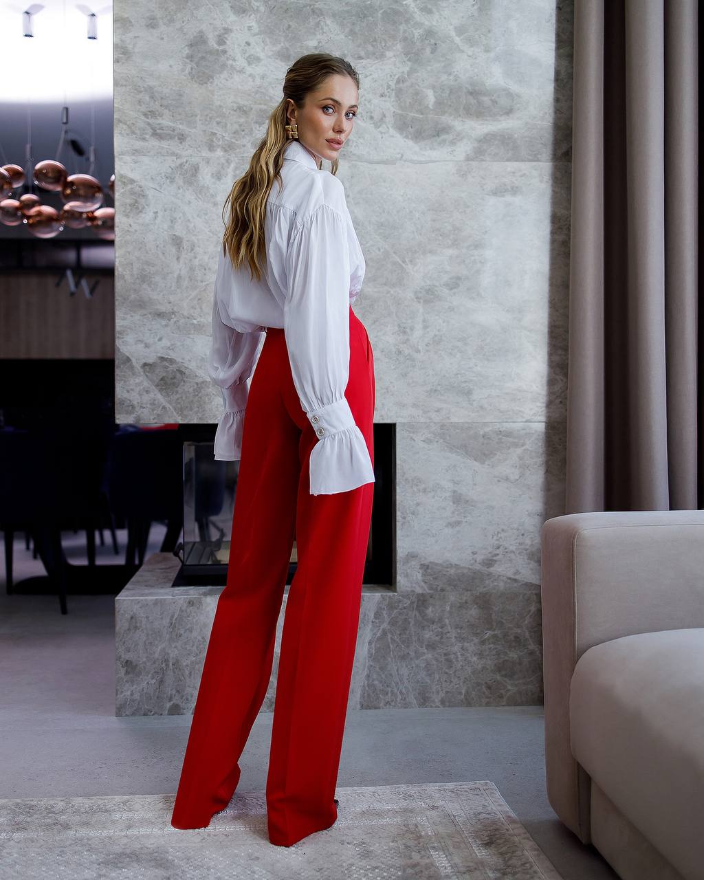 Women's High Waist Wide Leg Trousers in Suiting Crepe Diagonal Fabric