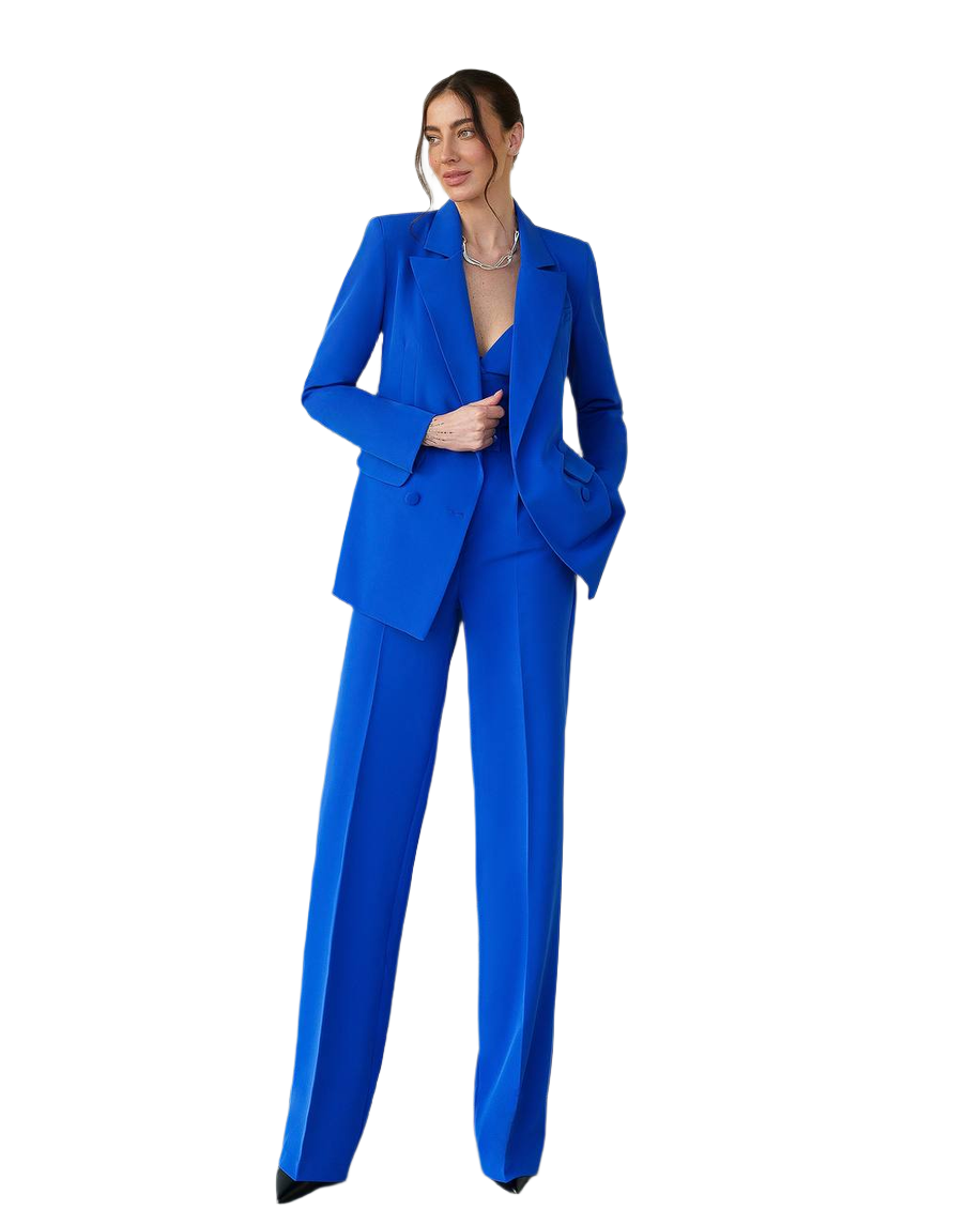 Three-Piece Prom Bridal Wedding Cocktail Graduation Women's Blue Suit Jacket Top Trousers Pantsuit Palazzo Pants