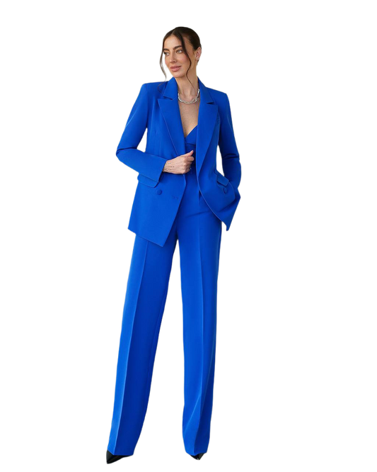 Three-Piece Prom Bridal Wedding Cocktail Graduation Women's Blue Suit Jacket Top Trousers Pantsuit Palazzo Pants