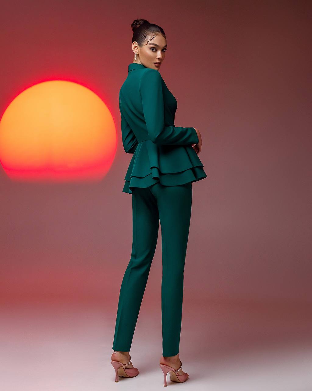 Premium Diagonal Crepe Women Suit with Peplum Jacket in Green