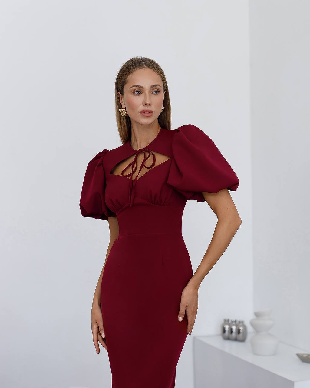 Elegant Burgundy Midi Dress with Puff Sleeves for Women