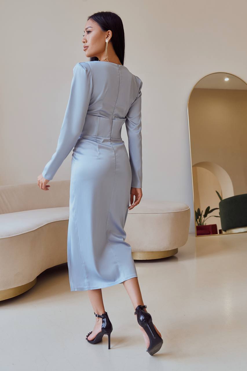 Elegant Women Midi Dress Dense Mango Satin High Slit